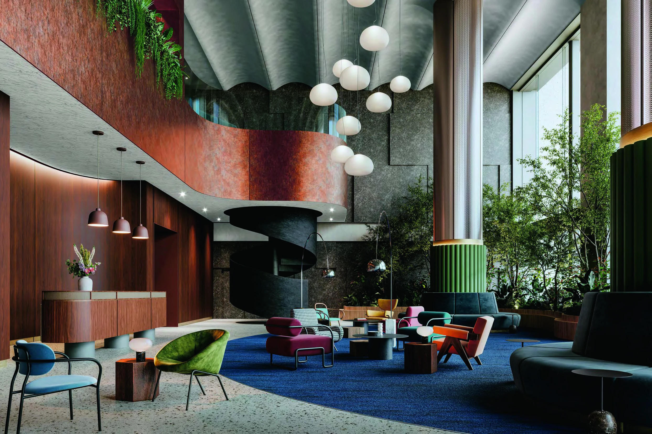 Lobby del sample book 3M DI-NOC 2024 con muros, columnas y escalera revestidos